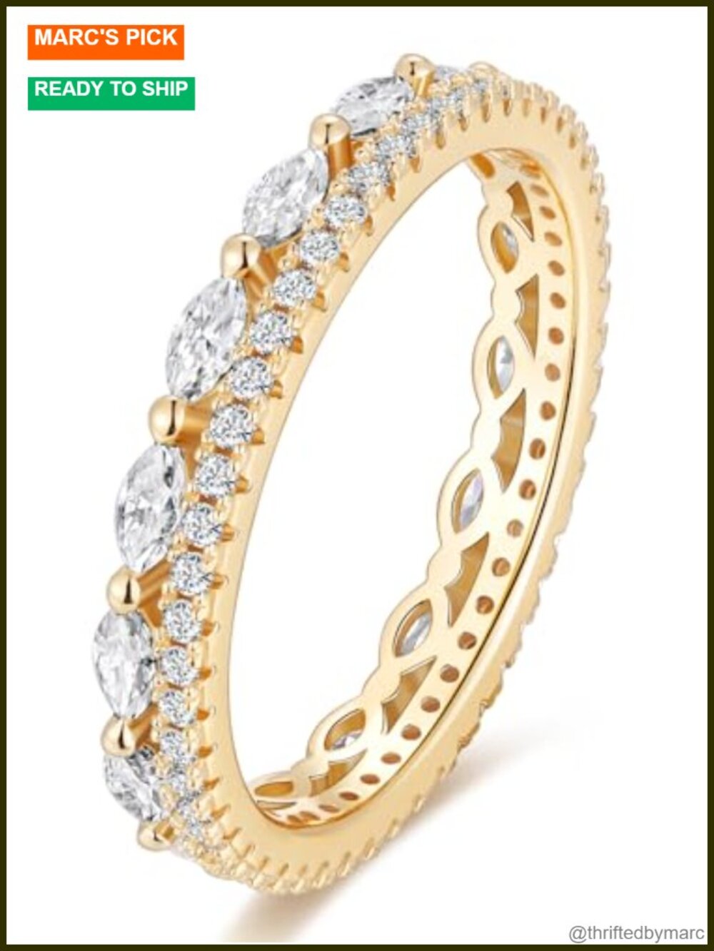 Moissanite Eternity Ring Solid 925 Sterling Silver Yellow Gold Plated Prong Set